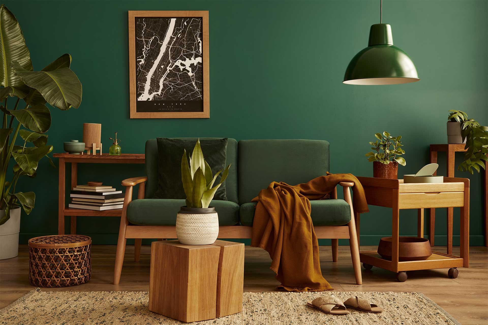 Cozy living room featuring a green accent wall, a modern green sofa with plush cushions, a stylish wooden coffee table, and decorative plants. The space is complemented by a framed map of New York, a warm throw blanket, and chic decor elements, creating a welcoming atmosphere.